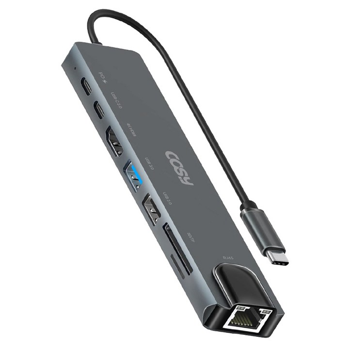 코시 8포트 C타입 이더넷 멀티 USB허브 PD USB3.0 USB A C타입 USB2.0 LAN 4K HDMI SD TF, 그레이, 1개