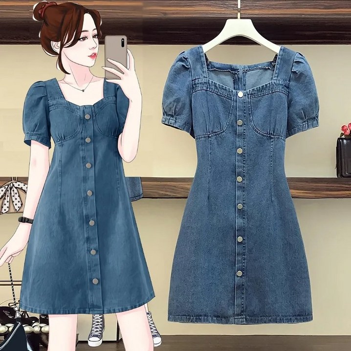 Myshe여성 여름 귀여운 청원피스 퍼프소매 미니 원피스 QLTT423LY10