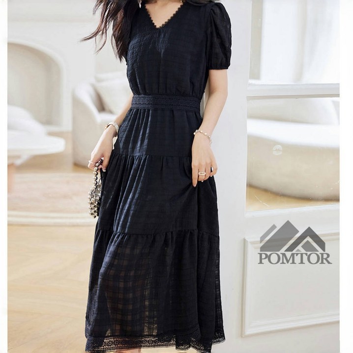 POMTOR 여성 여름 A라인 브이넥 퍼프소매 빅사이즈 레이스 원피스 휴양지룩