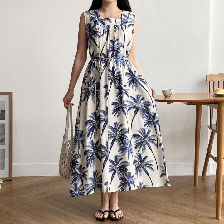 더한땀 야자수 민소매 허리끈 롱 원피스 앞뒤착용 빅사이즈 휴양지 바캉스룩