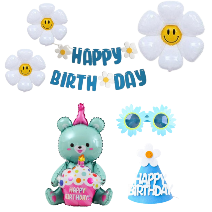 연지마켓 생일파티 용품 세트 데이지 풍선 생일 가랜드 안경 고깔, 1세트, 10블루 케이크 곰돌이