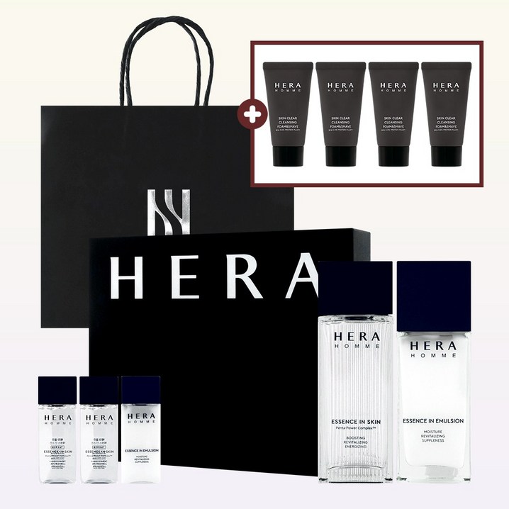 헤라 옴므 스페셜 2종 기획세트 옴므 에센스 인 스킨  에멀전 헤라 옴므 쉐이빙 클렌징 폼 50ml x 4개  쇼핑백 추가 증정