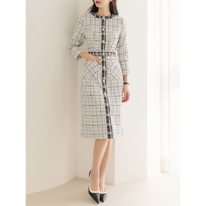 시크라인 XXL까지 라운드넥 실버 버튼 격자 트위드 원피스 가을 하객룩 오피스룩 모임룩 격식룩 빅사이즈