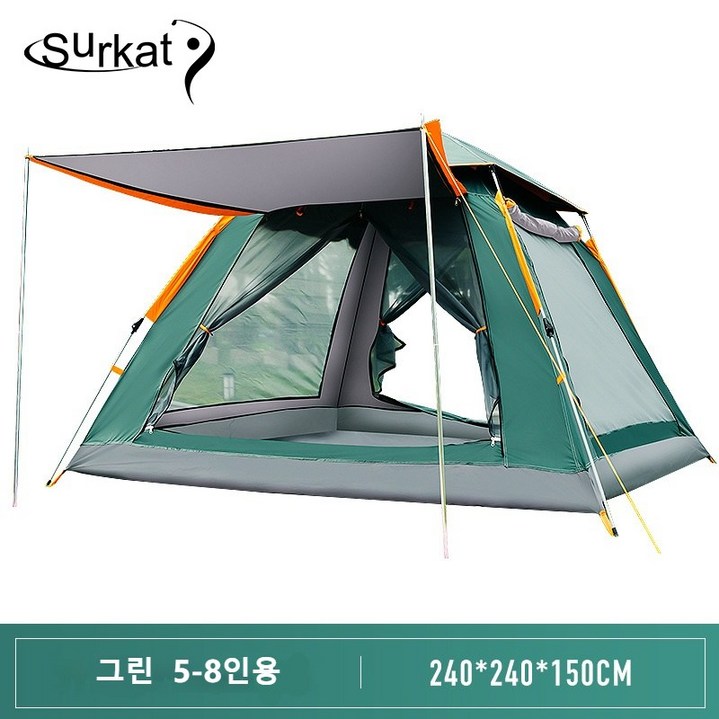 Surkat 원터치 텐트 자동 휴대용 캠핑그늘막텐트 간편한 방수 캠핑텐트, 그린, 5-8인용
