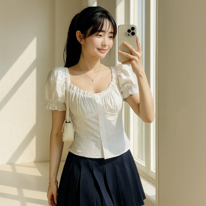 리파인미 여름 스퀘어넥 여리핏 퍼프소매 프릴블라우스