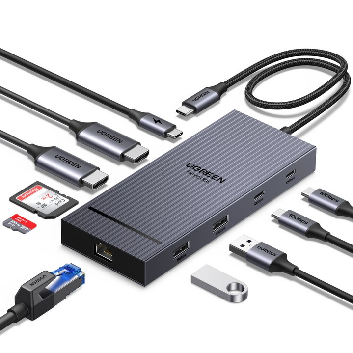 UGREEN 유그린 Revodok Pro 10 in 1  도킹 스테이션 듀얼 HDMI 2.0 4K@60Hz 디스플레이 10Gbps PD100W  USB C 멀티허브