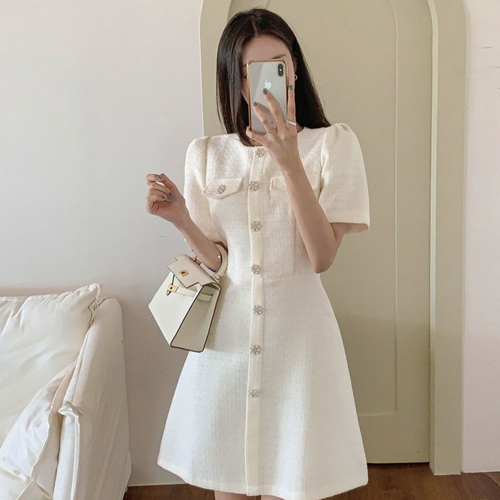 떳다그녀 마리엣 트위드 버튼 클래식 오피스룩 반팔 하객룩 포멀 드레스 A라인 플레어 미니원피스