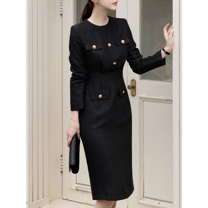 시크라인 XXL까지 라운드 넥 핀턱 페이크 포켓 트위드 골드버튼 원피스 결혼식룩 오피스룩 데이트룩 신상 겨울코디 빅사이즈