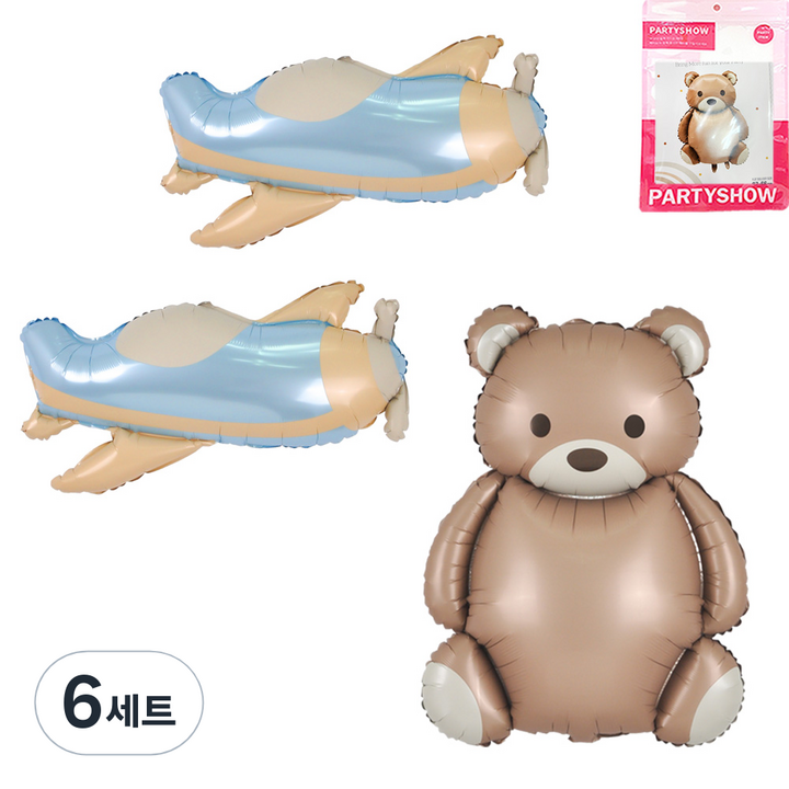 파티쇼 크림 은박 풍선 곰돌이 + 비행기 2p 세트, 혼합색상, 6세트