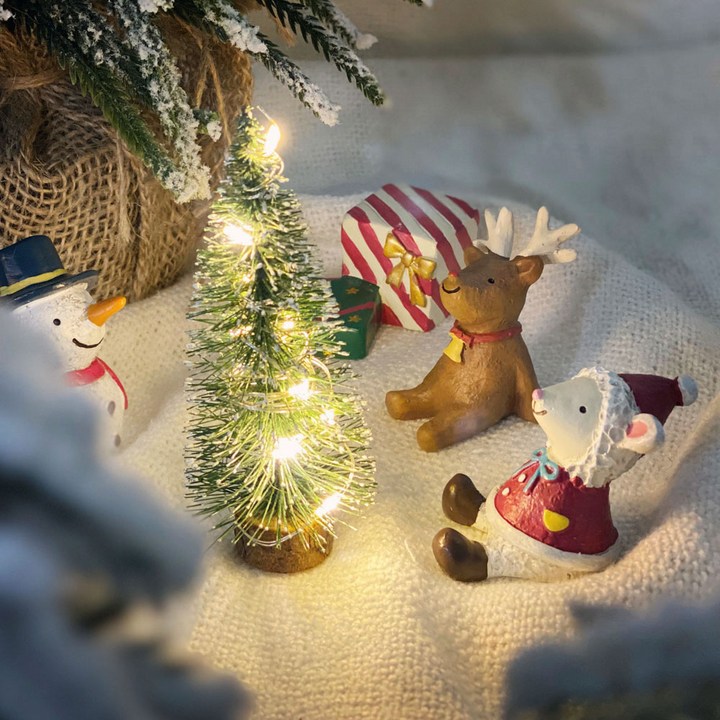 크리스마스용품 이플린 크리스마스 미니트리 + 도자기인형 세트 + LED 전구, 혼합색상