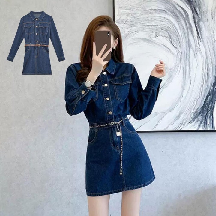여자 간절기 캐주얼 슬림핏 카라넥 데님 미니원피스
