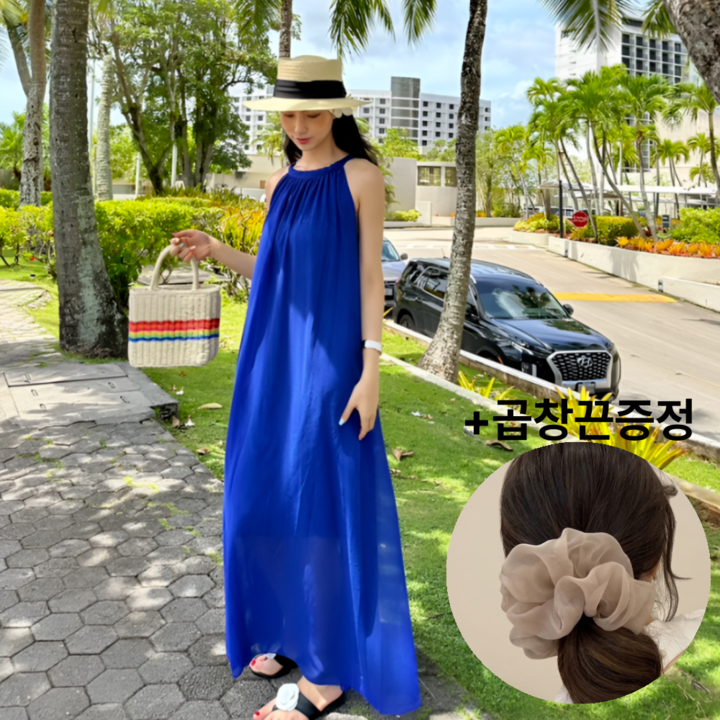 보부상마켓 휴양지원피스 동남아원피스 플리츠 쉬폰 홀터넥