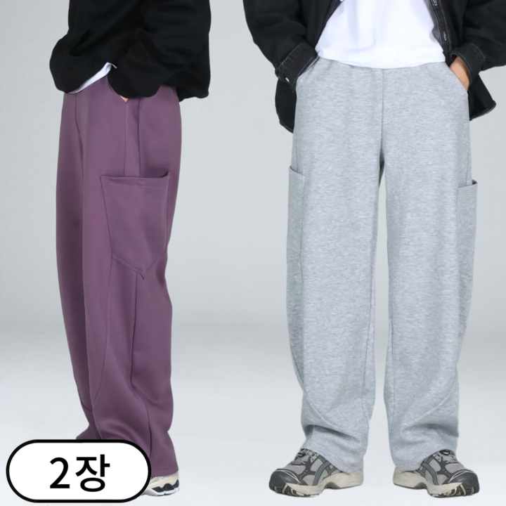 [1+1] 남녀공용 트레이닝 바지 와이드팬츠 밴딩 포켓 커브드 팬츠 (6707-2)