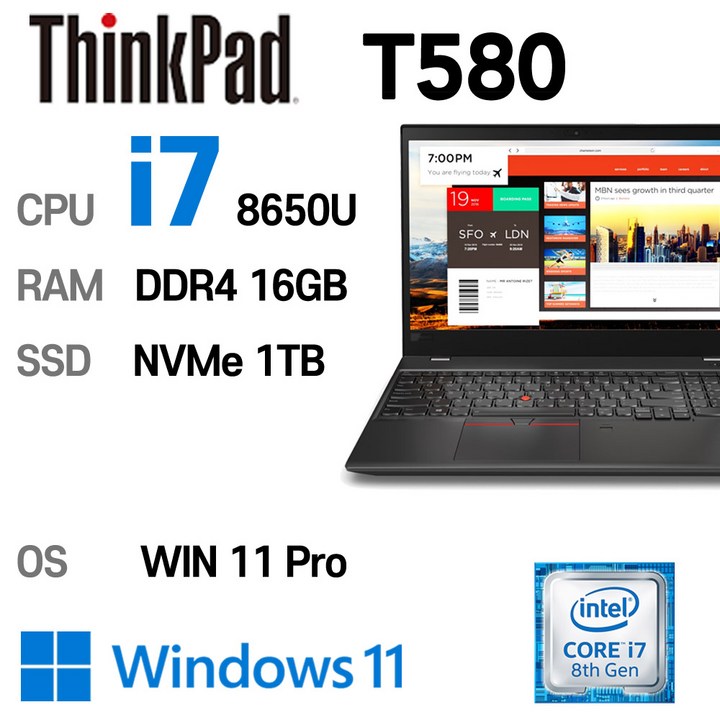 LENOVO 노트북 중고노트북 T580 인텔 8세대 i7-8650U 16GB 듀얼배터리, T580, WIN11 Pro, 16GB, 1TB, 코어i7 8650U, 블랙 베이직북