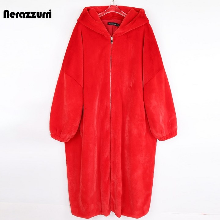 바질인보틀 nerazzurri winter long oversized red 따뜻한 솜털 인조 모피 코트 여성 bat sleeve 지퍼 후드 느슨한 캐주얼 한국 패션 2021