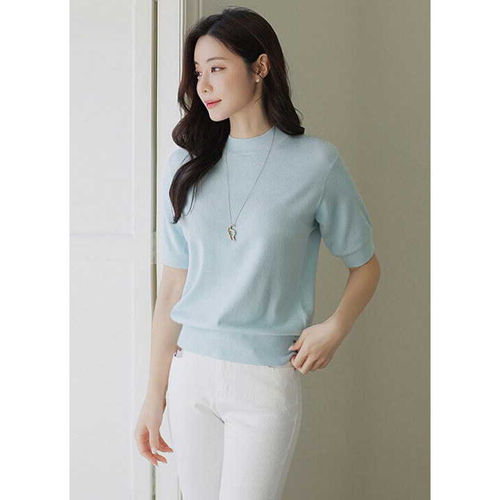 스타일온미 스타일온미  모노딘 심플 반하이 모크넥 사이드 미니 버튼 5부소매 니트