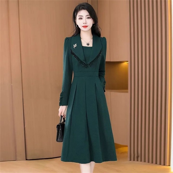 besteffie 여성 가을 겨울 긴팔 롱 원피스 빅사이즈 우아한 슬림핏 중년여성옷 데일리룩 엄마 결혼식 하객 정장 원피스 Q55