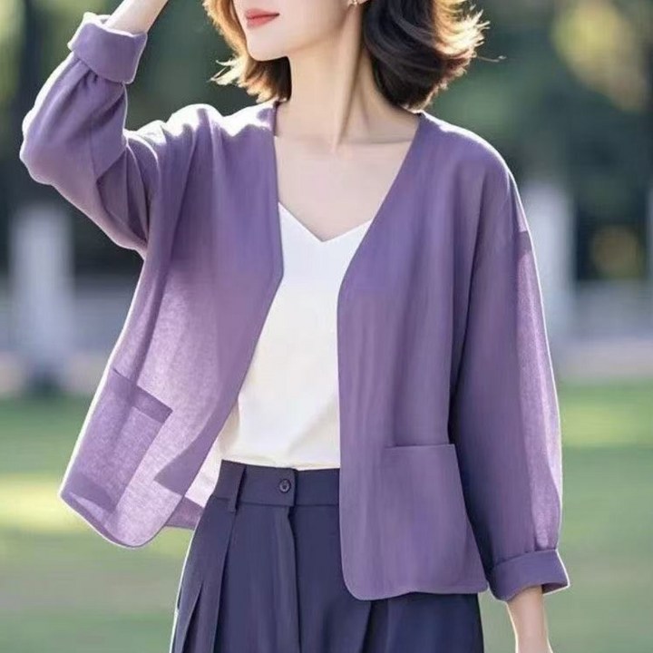 ORZQU 여성 여름 심플 브이넥 린넨자켓 고급 세련된 린넨자켓