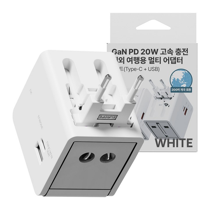 누아트 Gan PD 20W 고속충전 해외 여행용 멀티 어댑터 2포트 C타입  USB 포트 화이트, 1개