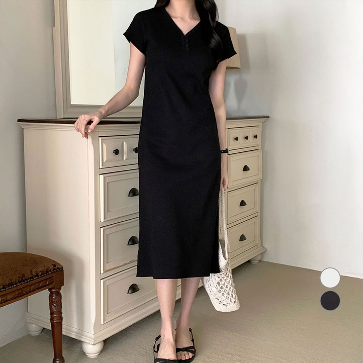 아피나르 여성용 헨리넥 골지 립 썸머 롱 원피스