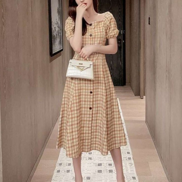 더시럽 여성용 빈티지 체크 페이크 단추 롱 원피스