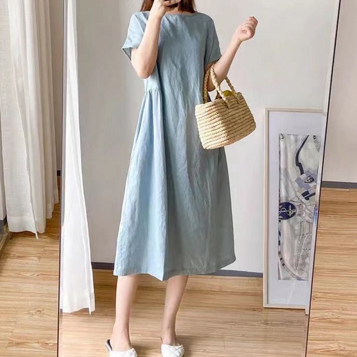 구디프 여성용 통기성 쿨 루즈핏 라운드 반팔 원피스