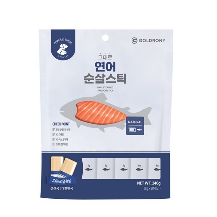 골드로니 반려동물 그대로 연어 순살스틱 간식 30p, 연어, 8g, 1개 골드로니 반려동물 그대로 연어 순살스틱 간식 30p, 연어, 8g, 1개