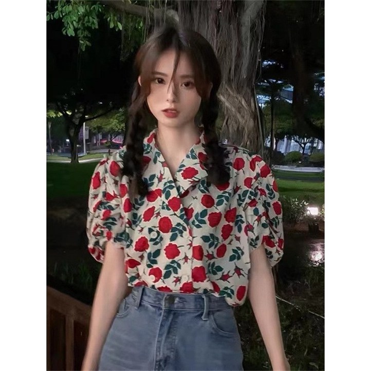 애니파니 복고 스타일 레트로 어깨 퍼프 로즈 블라우스