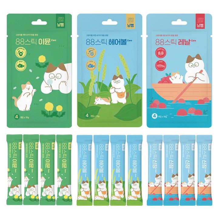 냥쌤 88스틱 고양이 츄르 간식 3종헤어볼이뮨레날, 1세트, 120g, 혼합맛참치연어