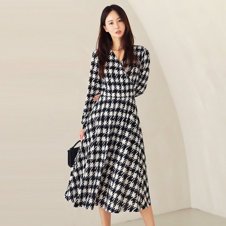 프롬코 여성 하운드투스 프린트 랩 셔링 롱 원피스 FRC76