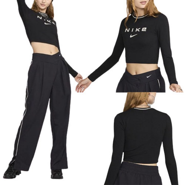 국내매장판 나이키 스포츠웨어 칠 니트 여성 슬림 긴팔 크롭 그래픽 티셔츠