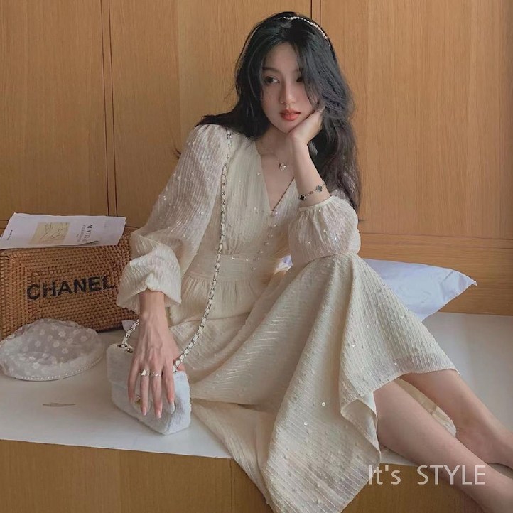 잇츠스타일 프랑스 복고풍 스팽글 v넥 드레스봄 가을 하이엔드 쉬폰 긴팔 롱원피스 A3981