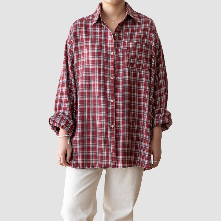 코코세븐 여성 빅사이즈 커버업 박시 오버핏 체크 롱 셔츠 남방 블라우스