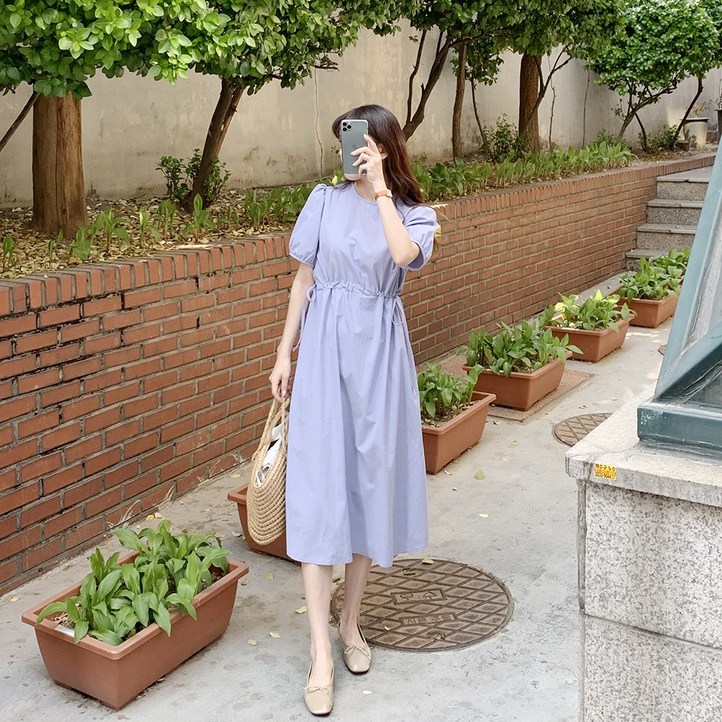 앤샵 국내생산 여성 여름 반팔 바스락 링클 퍼프 스트링 롱 원피스 4color