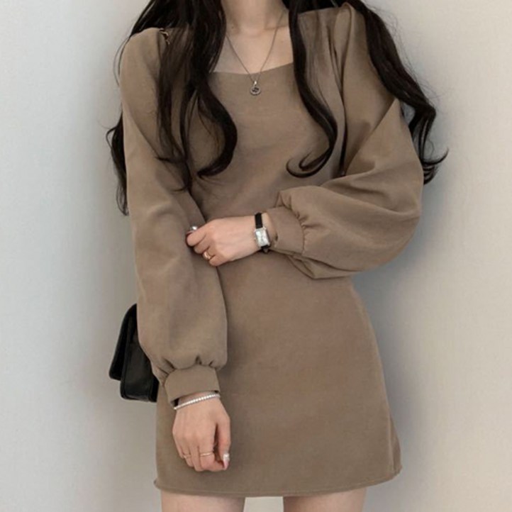 데일로엔 여성 퍼프소매 셔링 미니 긴팔 원피스