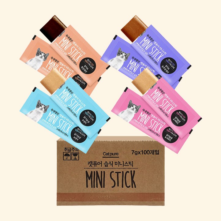 캣퓨어 미니스틱 콤보 4종 세트 고양이 대용량 간식, 300개, 7g, 닭가슴살시푸드연어, 참치등푸른생선흰살생선