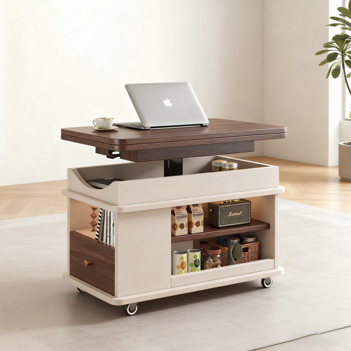 모던 이동식 수납 리프트업 테이블 소파테이블 높이조절 거실쇼파테이블 커피테이블 티테이블, 화이트월넛색