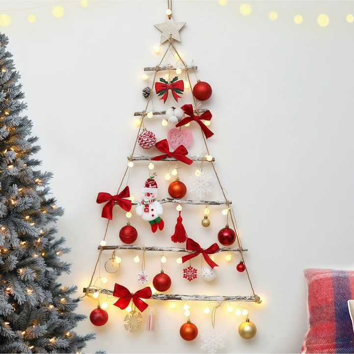 ROOICE 크리스마스 장식 6단 벽트리 풀세트  LED 앵두전구, 레드