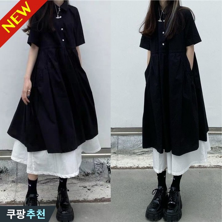 완전 추천 150kg까지 빅사이즈 여성 페이크 레이어드 카라 허리꼬임 롱 원피스 여름 편한 모던 검정 날씬해보이는 버튼 주머니있는 스트랩 디자인 반팔 시원한 플레어 원피스