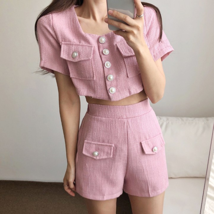 진주한알 반팔 자켓 반바지 트위드 투피스세트