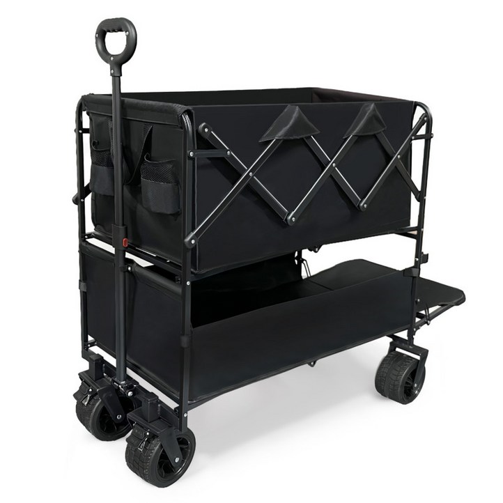 홍시로직 대용량 2층형 캠핑웨건 손수레 캠핑카트, 1개, 블랙 탱크 휠 이중 푸시카트