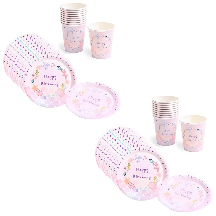 파티해 생일 파티접시 18cm 20p  파티컵 20p 세트 인어공주