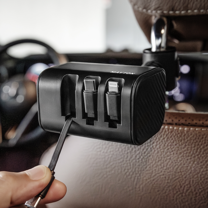 메이튼 동시 3대충전 릴타입 헤드레스트 트리플릴 차량용 고속충전기, MT92431, 블랙