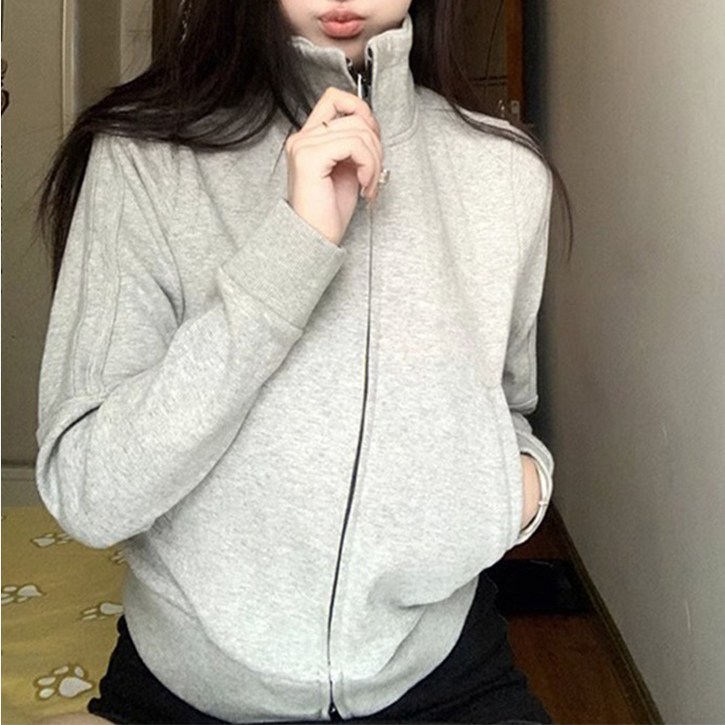 구디프 여성용 그레이 하이넥 숏기장 집업