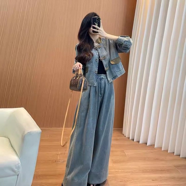 여성 청자켓 + 바지 투피스 세트 여성 빈티지 짧은 자켓 와이드 팬츠 세트 청자켓 레이어드 디자인 CBB