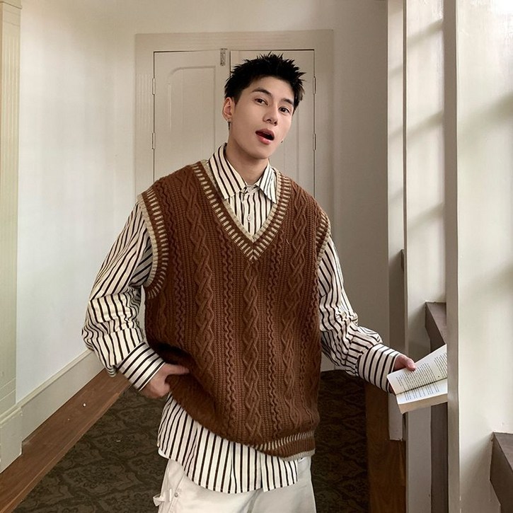 COSYEVNO 남성 니트 조끼 가을 겨울 브이넥 꽈배기 상의 커플 학생복