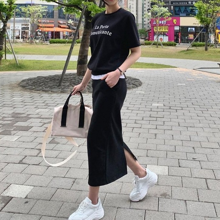 아셀 반팔 투피스 롱스커트 세트