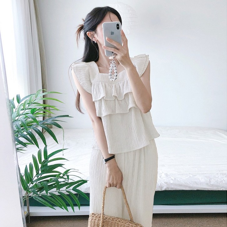 요시아나 당일발송 유엘라 캉캉 프릴 나시 탑 롱팬츠 투피스 세트 2컬러