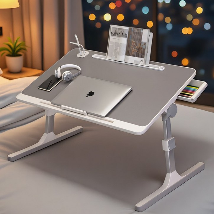 접이식 침대 테이블 좌석테이블 노트북책상 침실테이블 거실테이블 높이조절 각도조절 +USB 포트+보관 서랍+ 램프 및 팬, 화이트+그레이