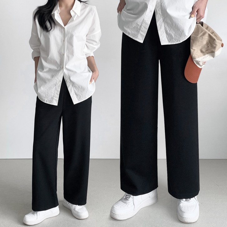 (1+1) 여성 빅사이즈 스판 밴딩 와이드 팬츠 슬랙스 바지 사계절용 2장